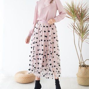 3D Heart Double-Layered Mesh Maxi Skirt in Blush Pink (S-M)